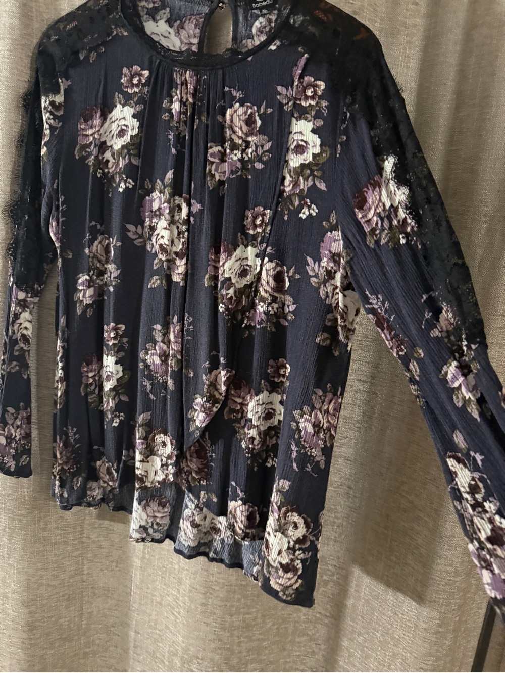 bobeau Black Long-Sleeve Floral Lace Yoke Dress with Cream & Purple Blooms
